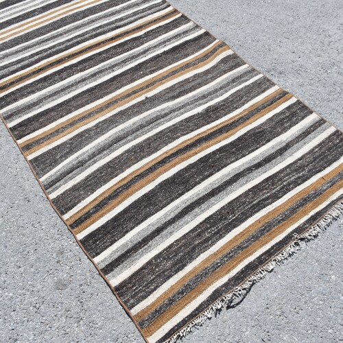 Vintage shops Kilim, Turkish Kilim, Runner Kilim, Oushak Kilim, 44x116 inches Brown Kilim, Outdoor Kilim, Corridor Kilim, 10408