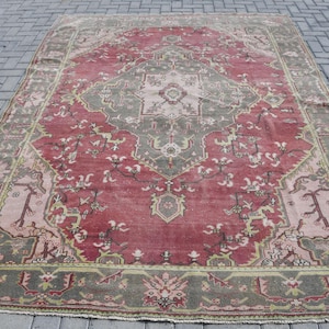 Vintage Turkish Rug, Red Home Decor Rug, Antique Oriental Rug, 7x9ft, Handmade Oushak Rug, Living Room Rug