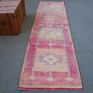Turkish Vintage Runner Rug, 3x10ft Area Rug, Handmade Wool Rug, Pink Anatolian Carpet, 85x312cm Home Decor