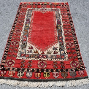 Turkish Rug, Anatolian Rug, 4x6 ft, Vintage Floor Rug, Red Oriental Carpet, Handmade Area Rug, Traditional Decor, High Quality Rug