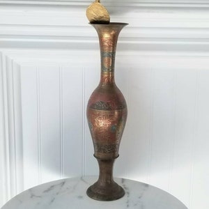 Vintage Bronze hammered colorful chasing vase, India from 70s, 14" tall gold metal rose, token of love gift for mom wife flower vase Antique