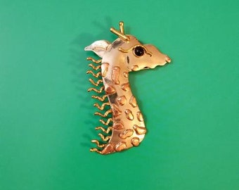 Vintage Giraffe brooch, silver and gold pin, for adults or kids, abstract giraffe head