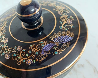 Beautiful Greek porcelain jewelry trinket box cobalt gold ring container vanity decor