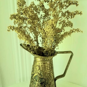 Small Hammered gold tone vase, Antique metal watering can, old time scene, table centerpiece, entryway decor, 5.7&quot; tall, made in England
