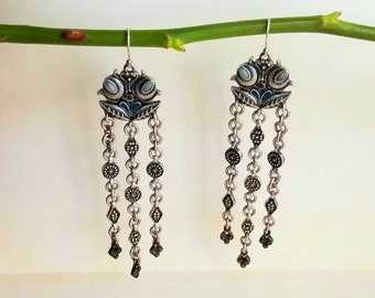 Vintage Drop Elegant chandelier fringe earrings, dark silver, hanging earrings, gift for her, Midle East style