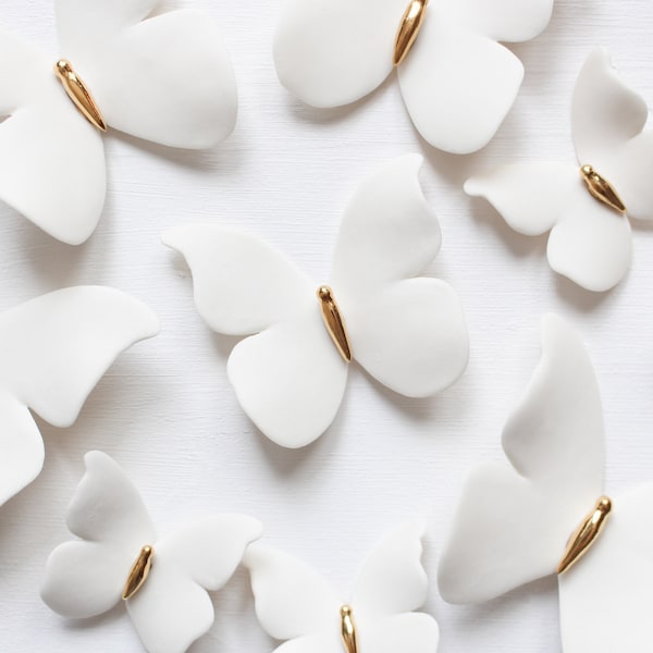 3 Porcelain and 24k Gold Butterflies for Wall Decoration