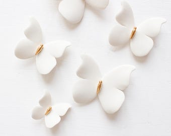 Wall Decor of 7 White and Gold Porcelain Butterflies for Home decoration and gift idea