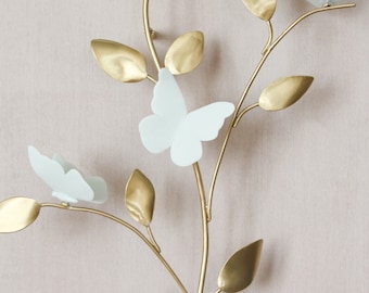 Wall Art Porcelain Butterfly on Raw Brass Branch