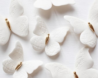3 White Porcelain and Gold Butterflies with lace print for Wall Decoration