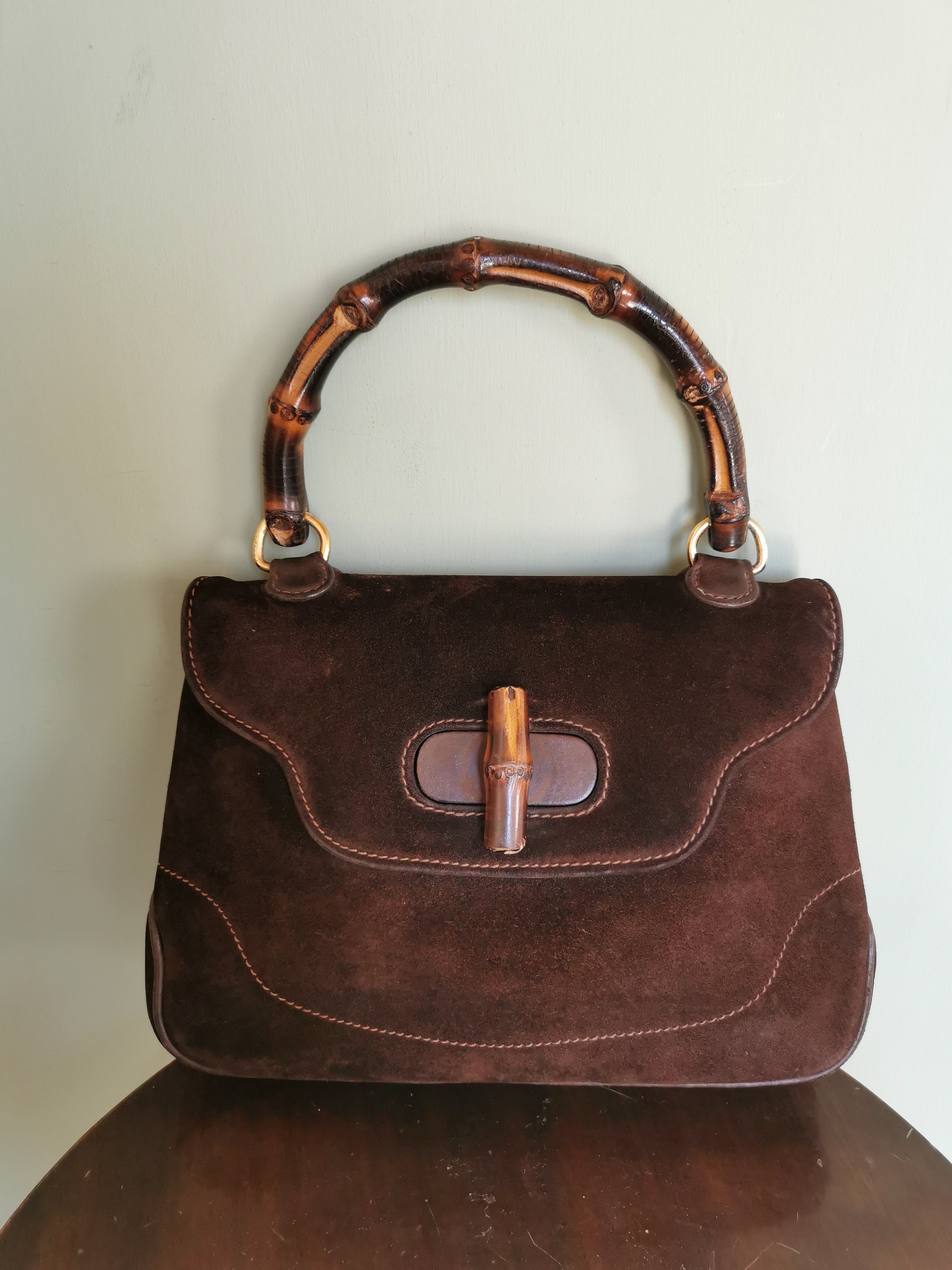 1990s Vintage GUCCI Mini Two-Way Nubuck Leather Bamboo Crossbody Handbag  Brown