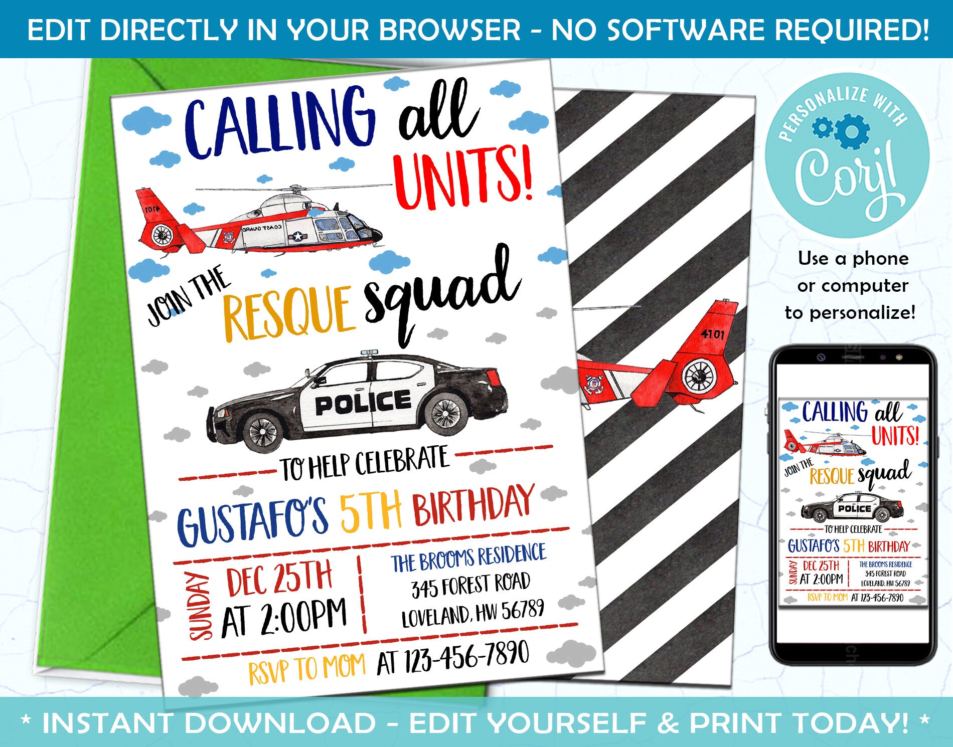 Emergency Vehicles Birthday Party Invitation Transportation Etsy