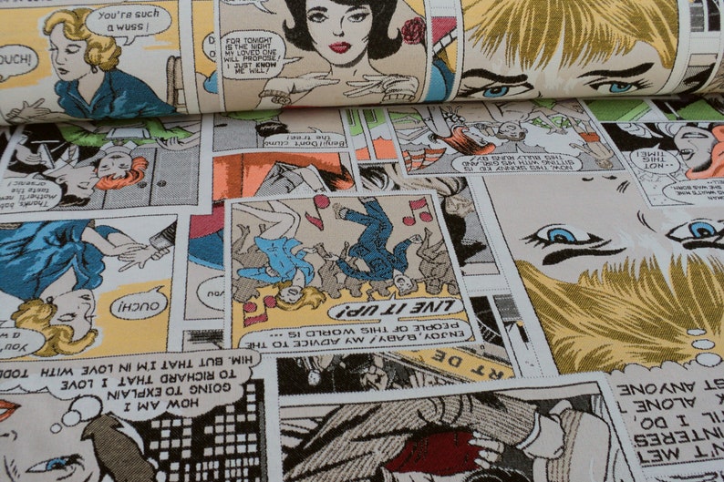 Tessuto Gobelin fantasia fumetto pop art . Per arredamento, rivestimenti e tappezzeria Prezzo per 50 cm immagine 5