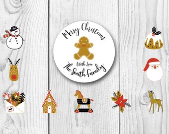 Sellos redondos personalizados de etiquetas de regalo de Feliz Navidad / Sellos de sobre / Brillante / G1126