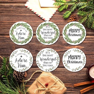 Round Christmas Wreath Gift Seals | Greeting Card Envelope Seals | Matte | G1127