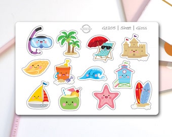 Kawaii Beach Stickers | Muschel Sandburg eimer | 12er Set | G1205