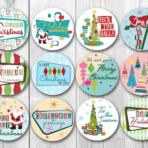 Retro Weihnachten - Rund | Briefumschlag Versiegelung | Geschenkanhänger Aufkleber | G1172