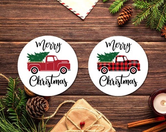 Merry Christmas Red Farmhouse Truck | Card Envelope Seals | Gift Tag Stickers | G1129