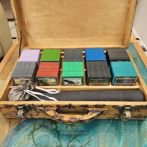 Commander Multi deck box, EDH, MTG, Lichtenberg burns, Stained wood, Briefcase, fractal burns, magic the gathering, wood burn, color options