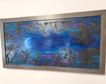 Lichtenberg kunst aan de muur, nachtelijke hemelkunst, schilderen, fractal branden, houten plank, Lichtenberg branden, muurschildering, blauwe maan kleuren