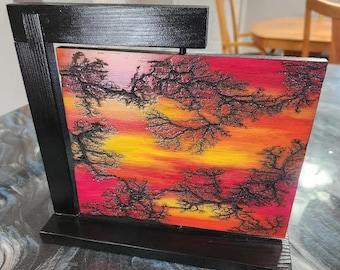 Dag tot nacht, salontafelkunst, bureaukunst, fractal branden, Lichtenberg branden, blauwe maan, zonsondergang,
