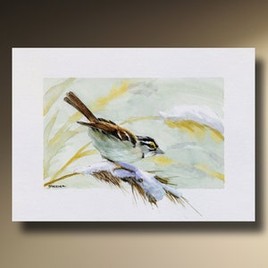 Stampa ad acquerello e biglietto d'auguri artistico "Passerotto sulla neve", uccello canterino, fauna selvatica, arte della natura, arte murale, arte per bambini, belle arti, Peter Sheeler