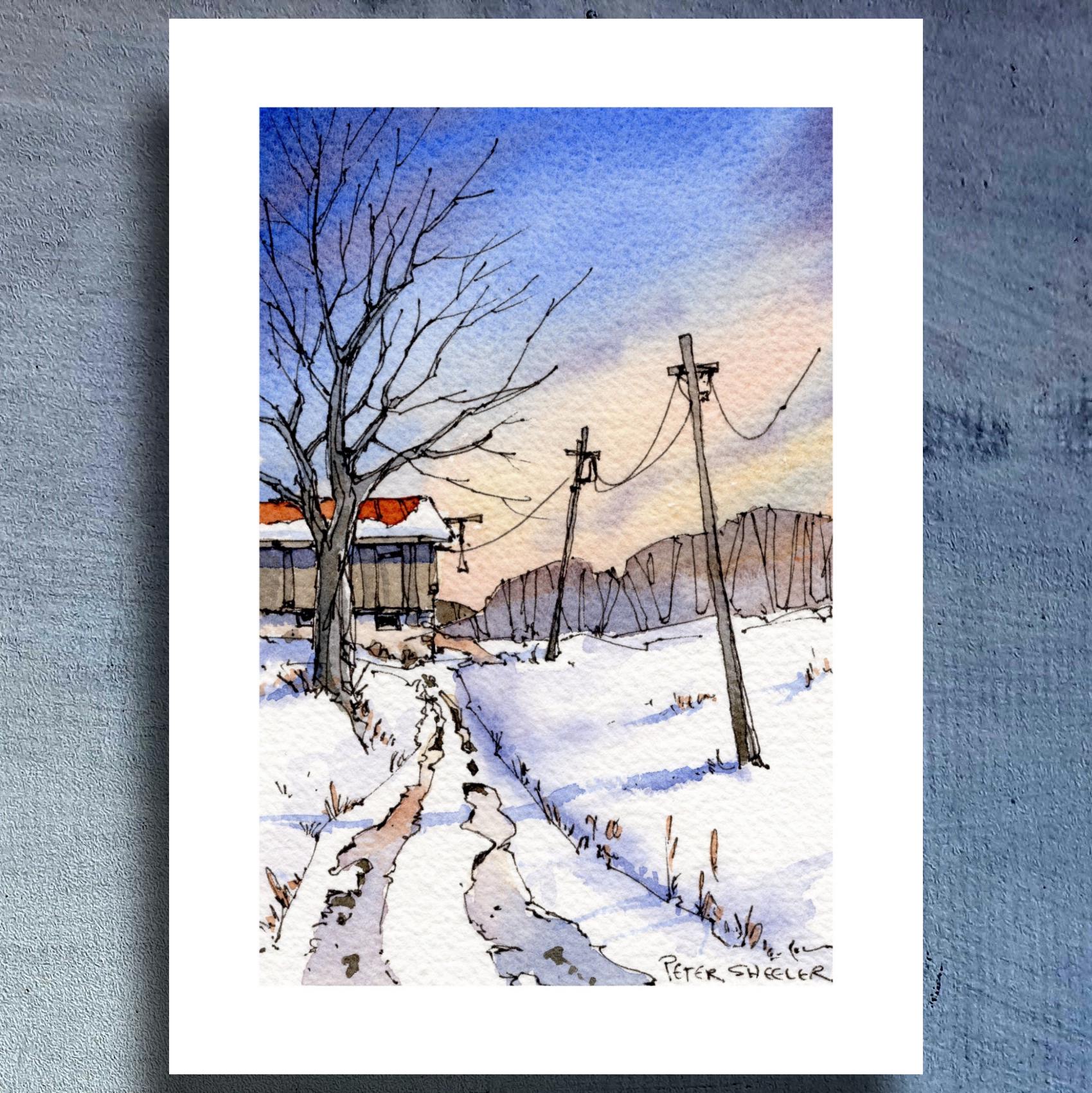 Winter Farm Lane Coloring Page, Old Barn Watercolor Fine Art Print ...