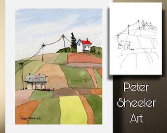 Paint along Patchwork Farm Fields Coloring Page, Watercolor Fine art wall print and greeting card. Instant Printable Download Peter Sheeler