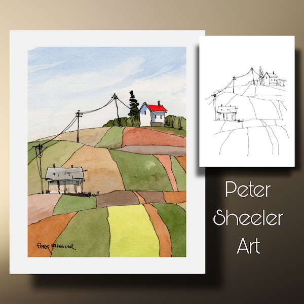 Paint along Patchwork Farm Fields Coloring Page, Watercolor Fine art wall print and greeting card. Instant Printable Download Peter Sheeler
