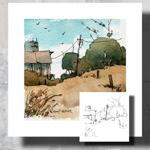 May include: A watercolour painting depicting a rural scene with a house, trees, and an electricity pole. The painting is rendered in shades of brown, green, and blue. The artist's signature, "Peter Fixecker", is visible in the bottom right corner.