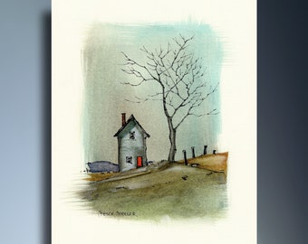Little Farmhouse Watercolor Print, Colorful Sky, House, Printable Wall Art, 5 x 7 print, 8 x 10 print, Fine art greeting card, Peter Sheeler