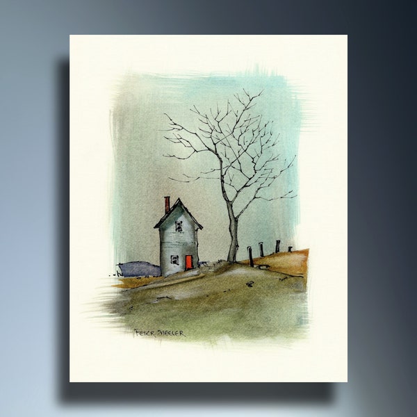 Little Farmhouse Watercolor Print, Colorful Sky, House, Printable Wall Art, 5 x 7 print, 8 x 10 print, Fine art greeting card, Peter Sheeler