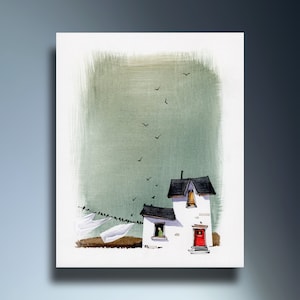 Ferme, impression aquarelle et carte de voeux beaux-arts, maison, oiseaux, imprimable, imprimable, téléchargement immédiat, Peter Sheeler