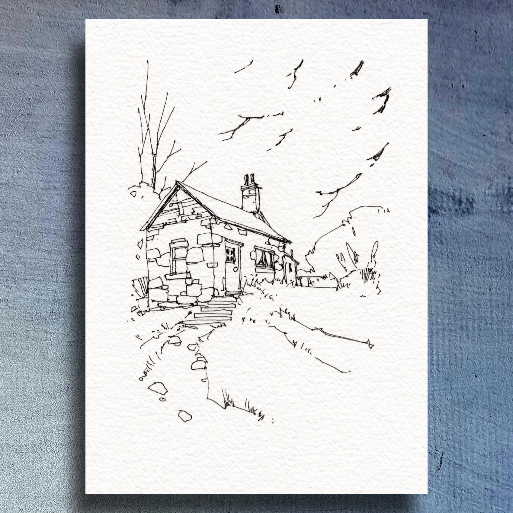 Autumn Farmhouse Coloring Page and Line and Wash Watercolor Peter ...
