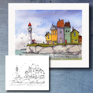 Peut inclure: Aquarelle représentant un paysage côtier avec un phare et des maisons colorées. Une petite esquisse en noir et blanc de la même scène est également incluse. La signature de l'artiste est visible.