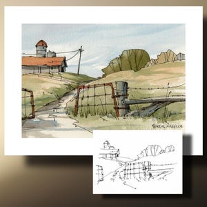 Könnte beinhalten: Aquarellmalerei einer ländlichen Landschaft mit einem Bauernhof, Gebäuden mit roten Dächern und einem Silo. Ein rostiges Tor und ein Stacheldrahtzaun führen zum Bauernhof. Das Kunstwerk enthält eine kleinere Skizze derselben Szene. Signiert "Peter Sheeler".