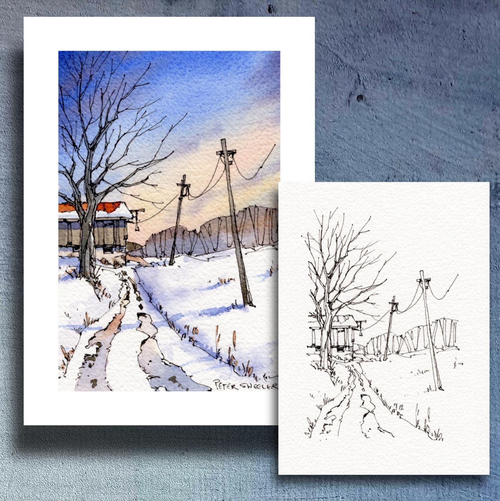 Winter Farm Lane Coloring Page, Old Barn Watercolor Fine Art Print ...