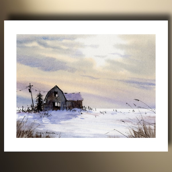 Winter Farm in Moonlight Watercolor Print and Greeting card, Line and Wash, Landscape, Wall Art, Printable, Instant Download, Peter Sheeler