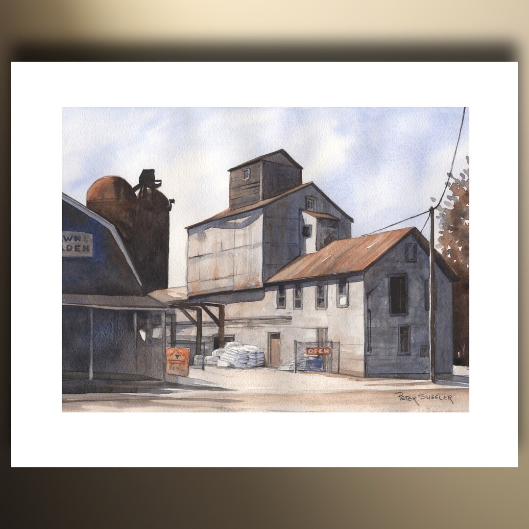 Old Mill Watercolor Print, Barn and Silo, Garden Center, Wall Art