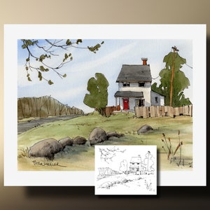 Peignez le long d'une page de coloriage de ferme blanche, d'une impression murale d'art aquarelle et d'une carte de voeux. Art imprimable, téléchargement immédiat Peter Sheeler