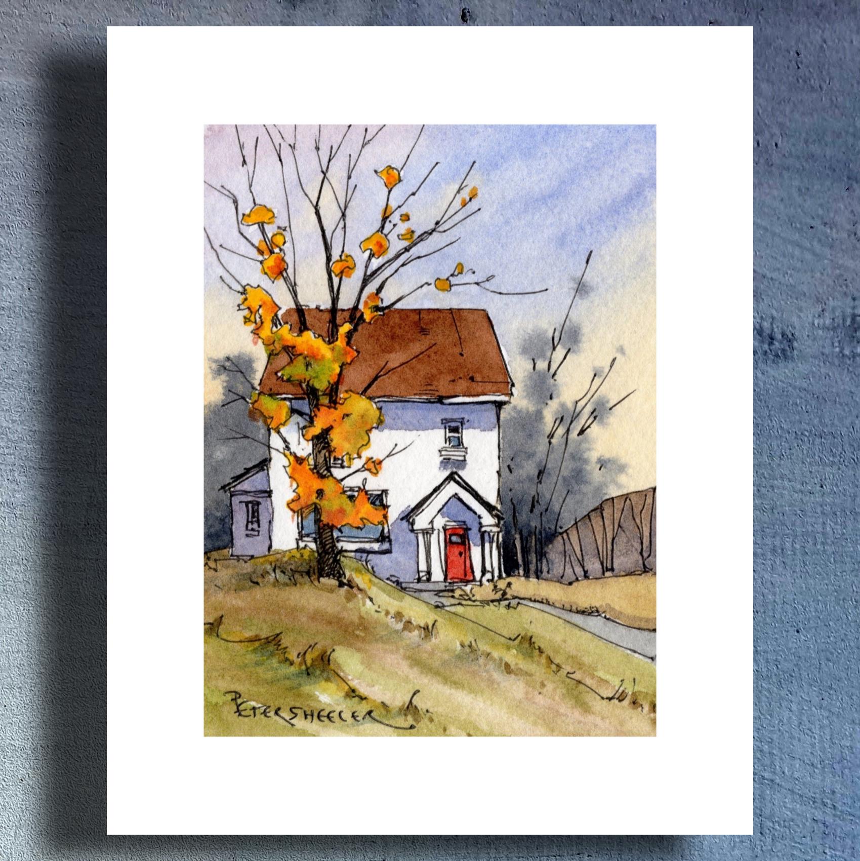Autumn Farmhouse Coloring Page, Fall Foliage Watercolor Fine Art Wall ...