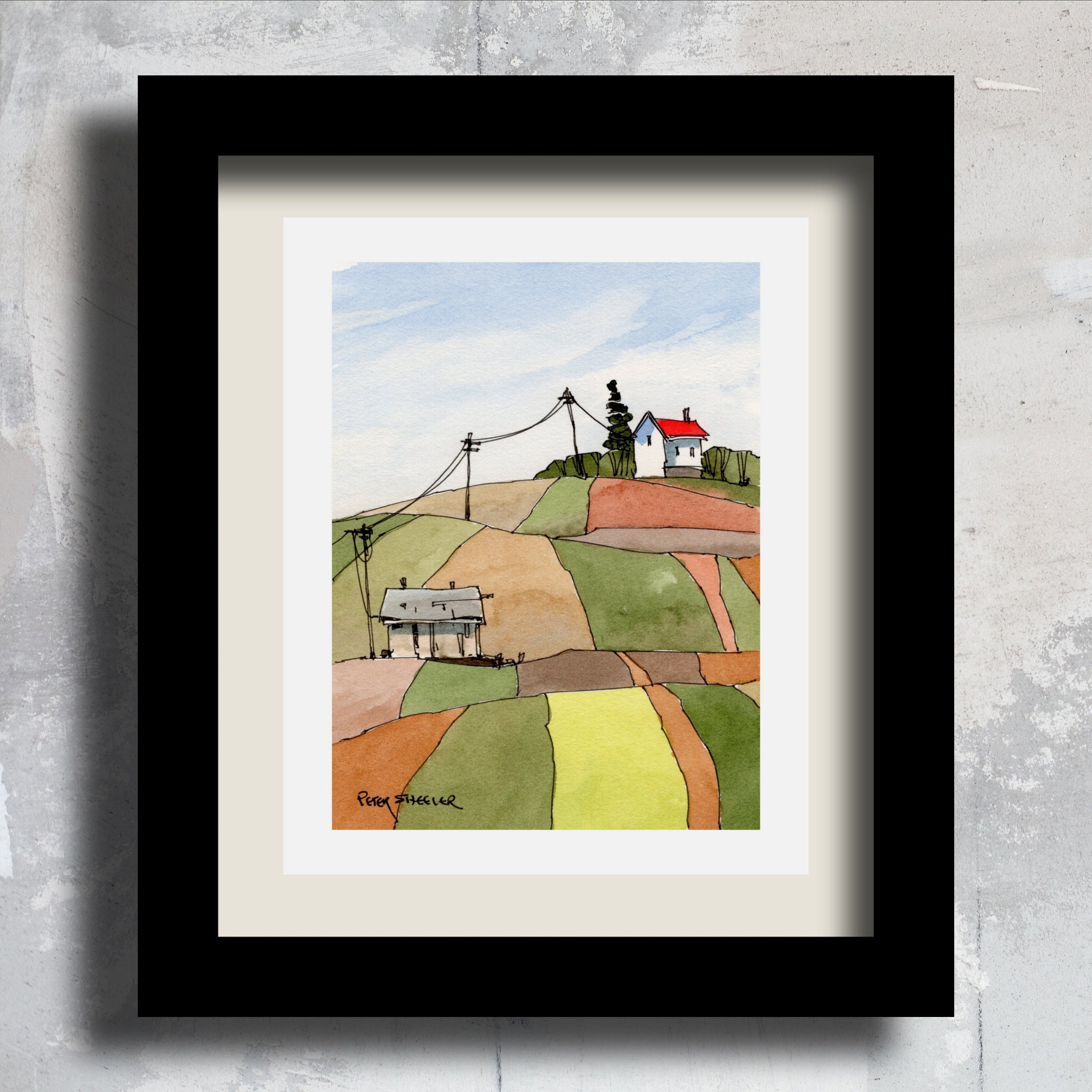 パッチワーク農場の塗り絵ページ、水彩画のファインアートの壁プリントとグリーティングカードに沿ってペイントします。すぐに印刷可能なダウンロード  Peter Sheeler - Etsy 日本, image size:3000x2999