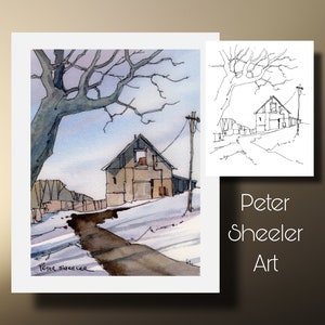Des ombres sur la neige à la ferme hivernale à colorier, une impression murale aquarelle et une carte de voeux. Téléchargement instantané Peter Sheeler
