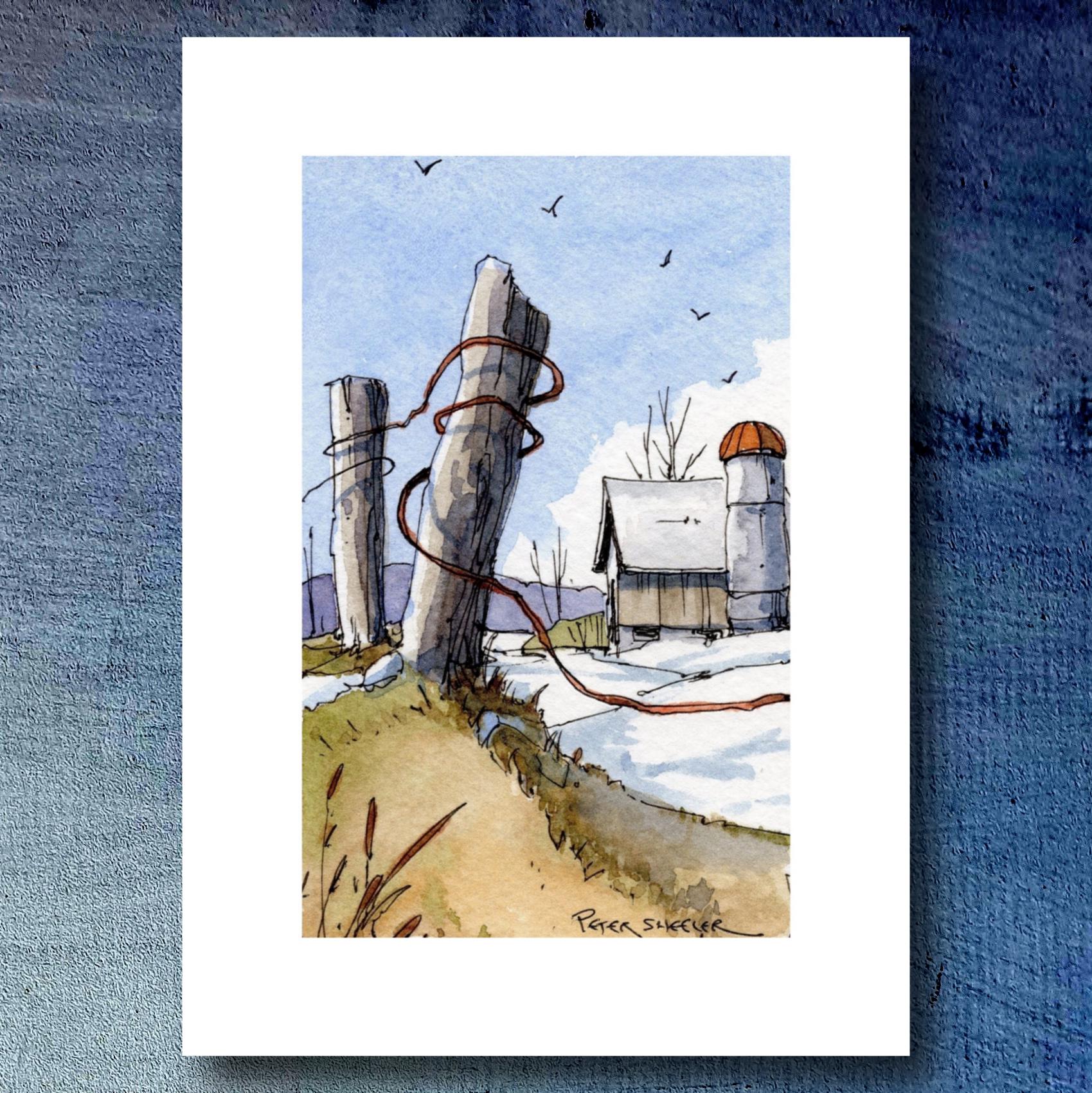 Winter Barn and Fenceposts Coloring Page, Old Stone Barn Watercolor ...