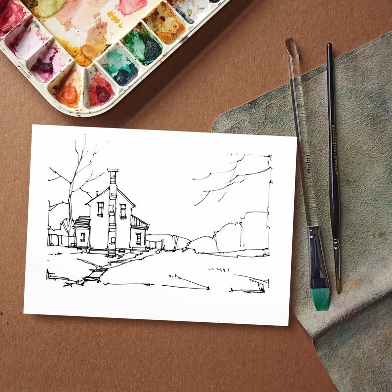 Winter Farmhouse Watercolor Print and Fine Art Greeting Card, Line and ...