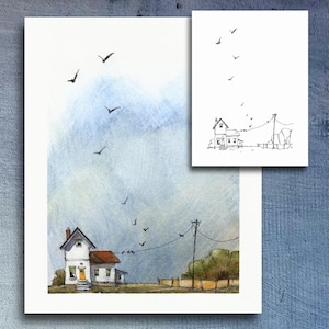 Puede incluir: Una acuarela de una casa blanca con techo rojo y puerta amarilla, bajo un cielo azul con pájaros volando. A la derecha hay un poste de luz con cables y pájaros. Se incluye una versión más pequeña en dibujo de líneas en blanco y negro.