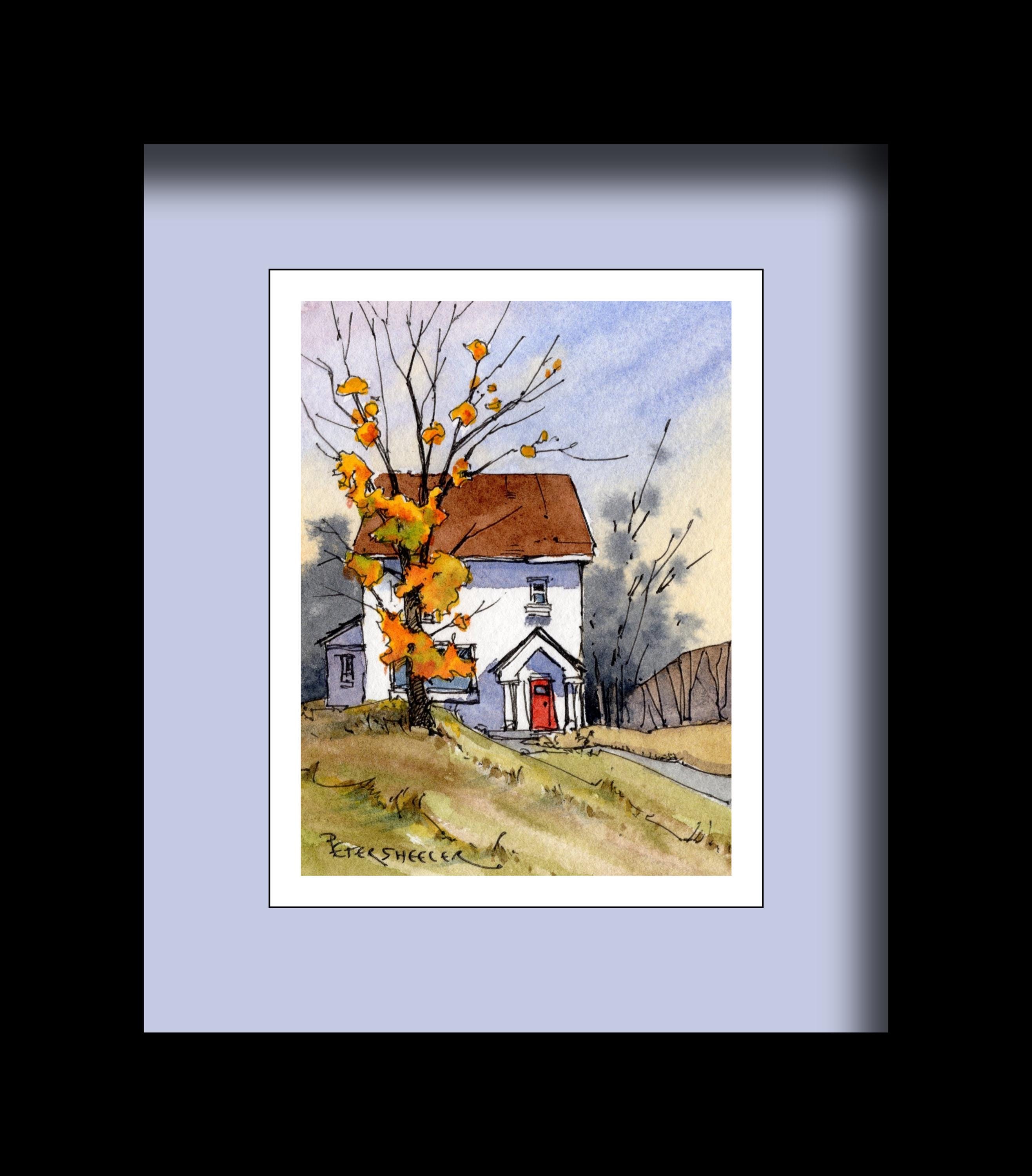 Autumn Farmhouse Coloring Page, Fall Foliage Watercolor Fine Art Wall ...