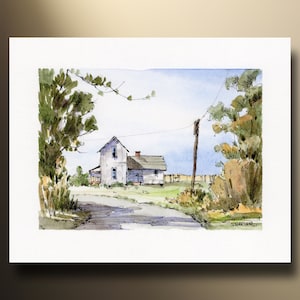 Impression de ferme et carte de voeux, aquarelle au trait et lavis, scène de campagne, paysage, art mural, imprimable, téléchargement immédiat, Peter Sheeler