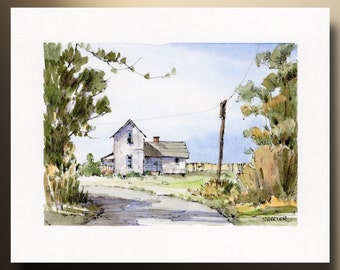 Farmhouse Print and Greeting card, Line and Wash Watercolor, Country Scene, Landscape, Wall Art, Printable, Instant Download, Peter Sheeler