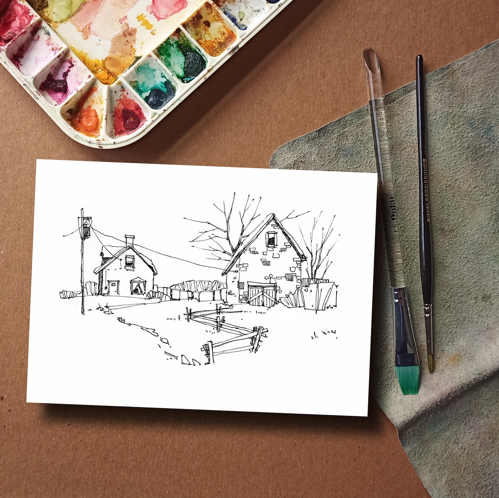 Winter Farm Coloring Page, Old Stone Barn Watercolor Fine Art Print ...