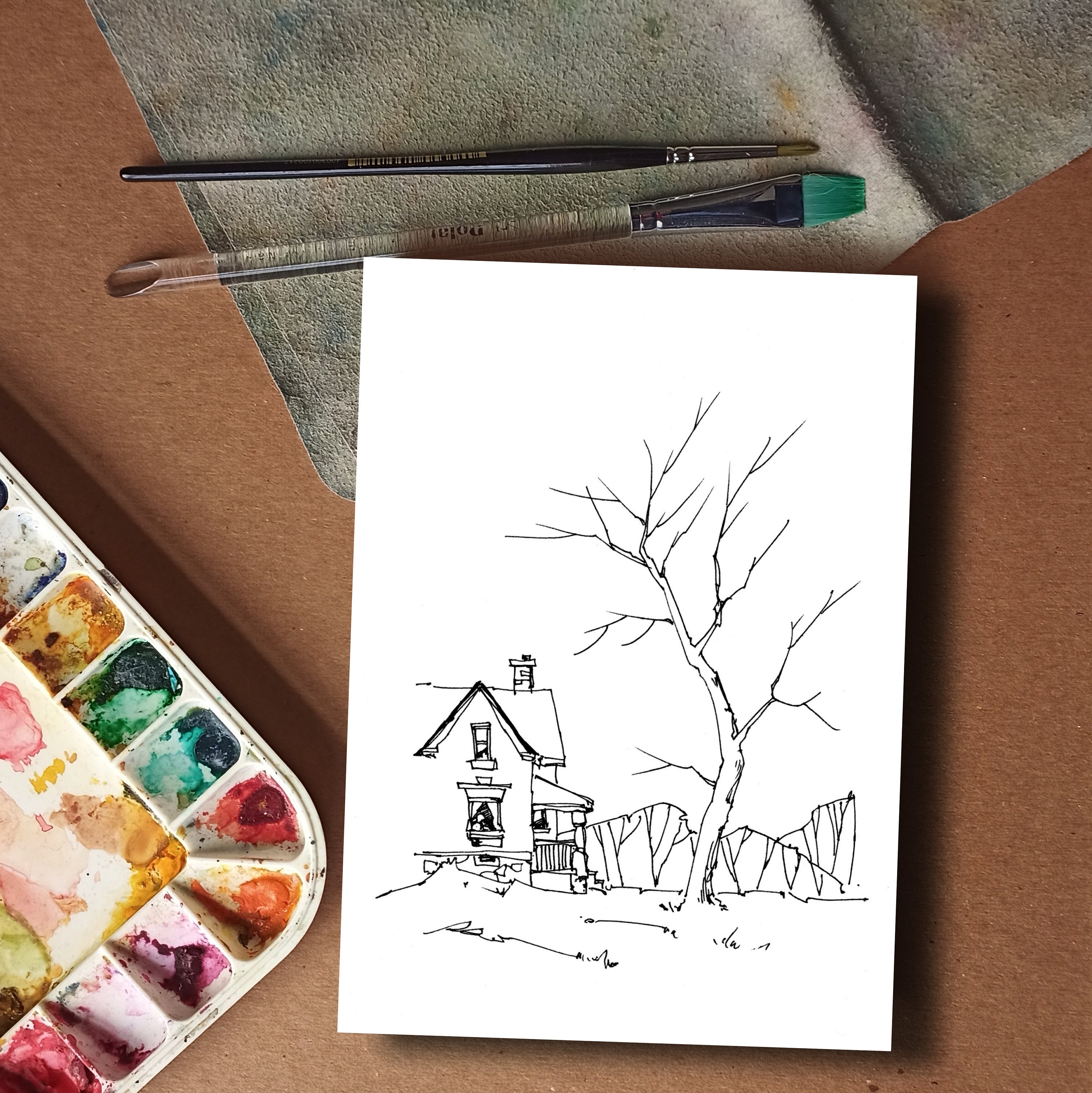 Paint Along Winter Farmhouse Coloring Page, Watercolor Fine Art Wall ...